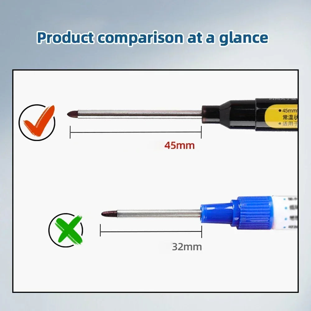 45mm Deep Hole Marker Pen - Waterproof Long Nib Carpenter Pen for Woodworking, Black/Blue/Red Ink