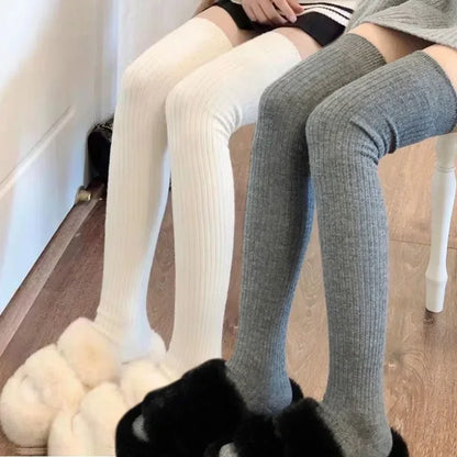 Thick Wool Thigh High Socks for Women - Warm Lolita Style Long Leg Stockings in Solid Colors for Autumn / Winter