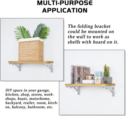 2PC Heavy-Duty Folding Shelf Brackets – Stainless Steel Wall-Mounted Collapsible Supports for Garage & Workstation