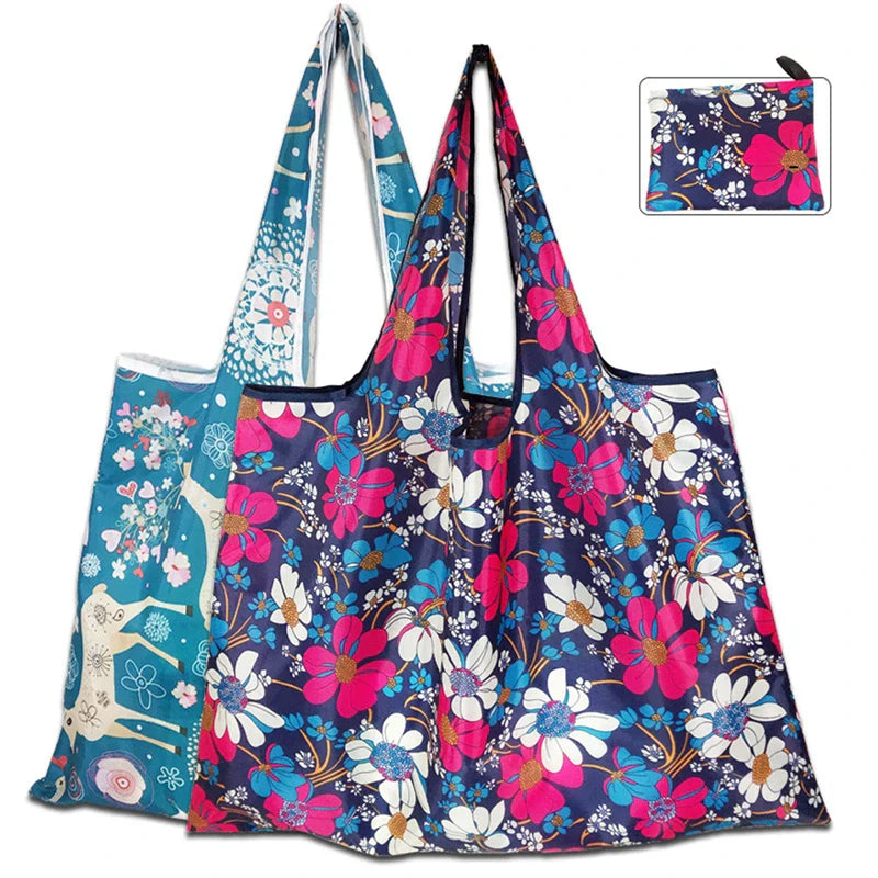Portable Foldable Shopping Bag – Large Capacity Nylon Tote with Fashion Prints, Lightweight Reusable Travel & Grocery Essential Bag