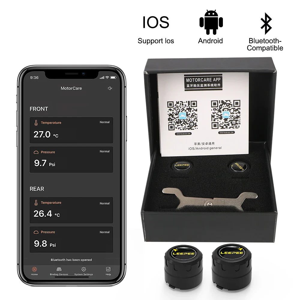 Bluetooth Motorcycle TPMS with 2 Sensors – Tire Pressure Monitoring System for Pit Bike, Tyre Tester Diagnostic Kit Moto Accessories