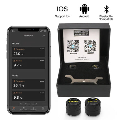 Bluetooth Motorcycle TPMS with 2 Sensors – Tire Pressure Monitoring System for Pit Bike, Tyre Tester Diagnostic Kit Moto Accessories