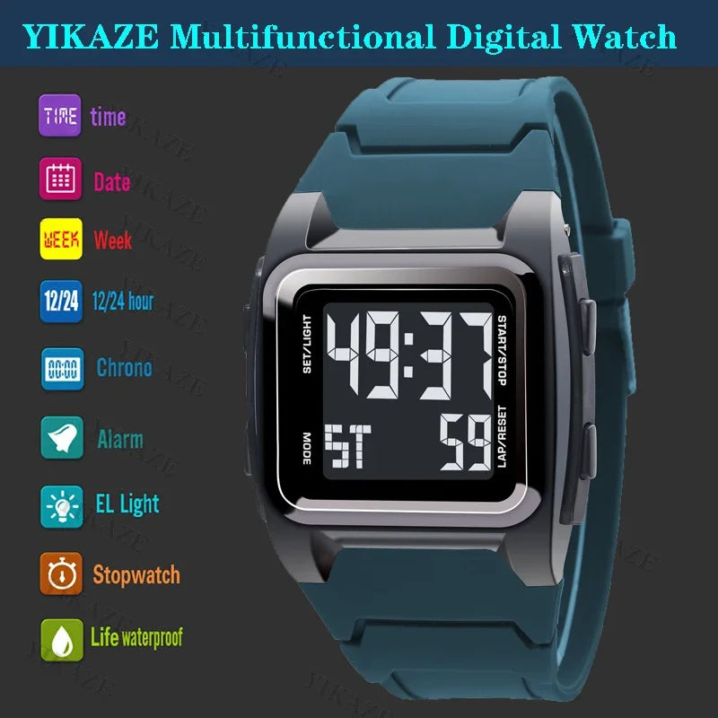 YIKAZE Men's Digital Sport Watch – 50M Waterproof Retro Multifunction Military LED Alarm Wristwatch Gift