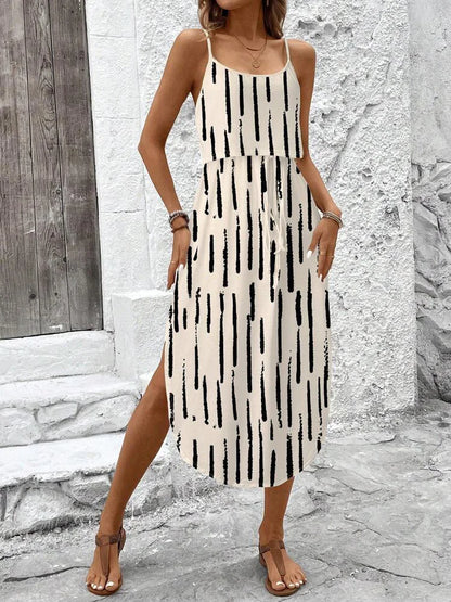 Women’s Summer Spaghetti Strap Dress - Sleeveless Flowy Casual Maxi Dress with Belt & Side Slit