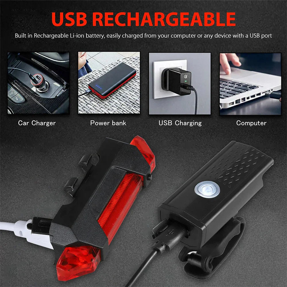 USB Rechargeable Bike Light Set – Front and Taillight with 3 Modes, Easy to Install Bicycle Accessories for Road and MTB