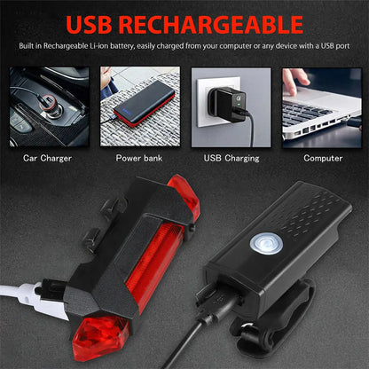 USB Rechargeable Bike Light Set – Front and Taillight with 3 Modes, Easy to Install Bicycle Accessories for Road and MTB