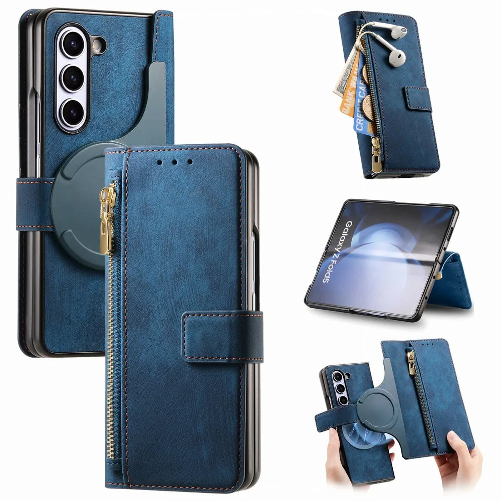 2-in-1 Detachable Leather Wallet Case for Samsung Galaxy Z Fold 6/5/4/3 – Zipper Card Slot Cover 5G Compatible