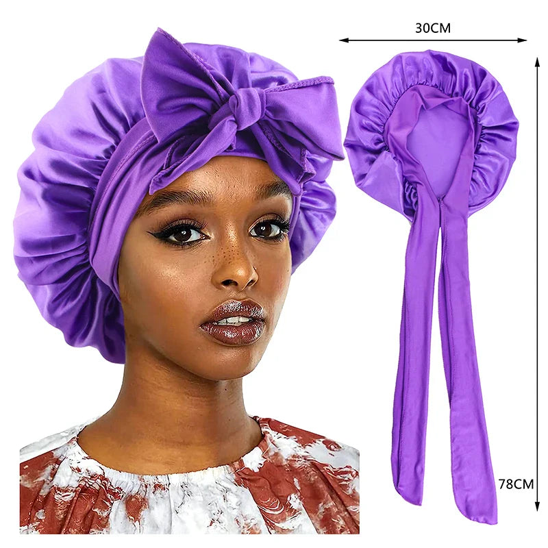 Satin Sleeping Cap for Women - Silky Bonnet with Wide Stretch Band, Solid Nightcap for Hair Care and Shower