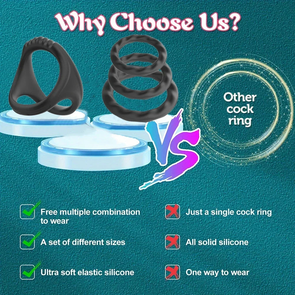 3PCS Durable Silicone Cock Rings – Penis Enlargement, Delay Ejaculation & Scrotum Lock Rings for Men Adults