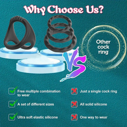 3PCS Durable Silicone Cock Rings – Penis Enlargement, Delay Ejaculation & Scrotum Lock Rings for Men Adults