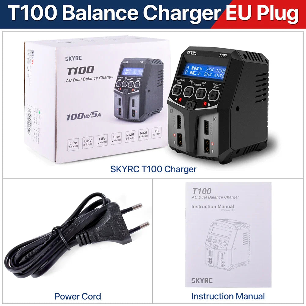 SKYRC T100 AC Dual 5A Lipo Battery Charger — 2x50W Balance Charger for 2-4S NiMH, NiCd, LiPo, LiFe, LiIon, LiHV RC Cars