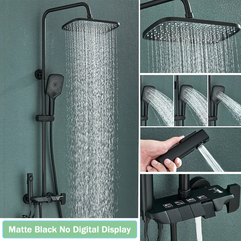 Rozin Black Smart Digital Display Shower Faucet Set - Piano Style Rainfall Bathroom System with Grey Digital Mixer Tap & Bidet Shower