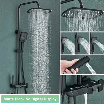 Rozin Black Smart Digital Display Shower Faucet Set - Piano Style Rainfall Bathroom System with Grey Digital Mixer Tap & Bidet Shower