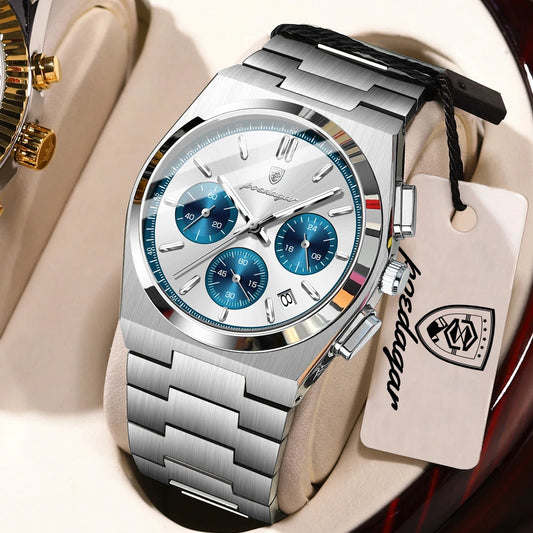 POEDAGAR Luxury Men’s Sport Chronograph Watch – Stainless Steel Waterproof Quartz Wristwatch with Date & Luminous Display