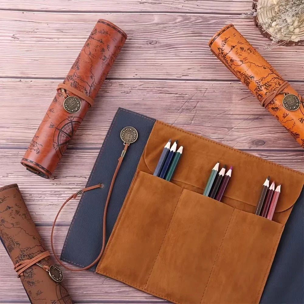Creative Retro Leather Pencil Case – Large Capacity Roll-Up Bag with Embossed Treasure Map & Buckle Closure