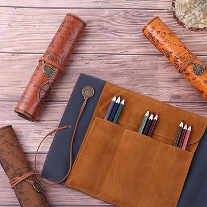 Creative Retro Leather Pencil Case – Large Capacity Roll-Up Bag with Embossed Treasure Map & Buckle Closure