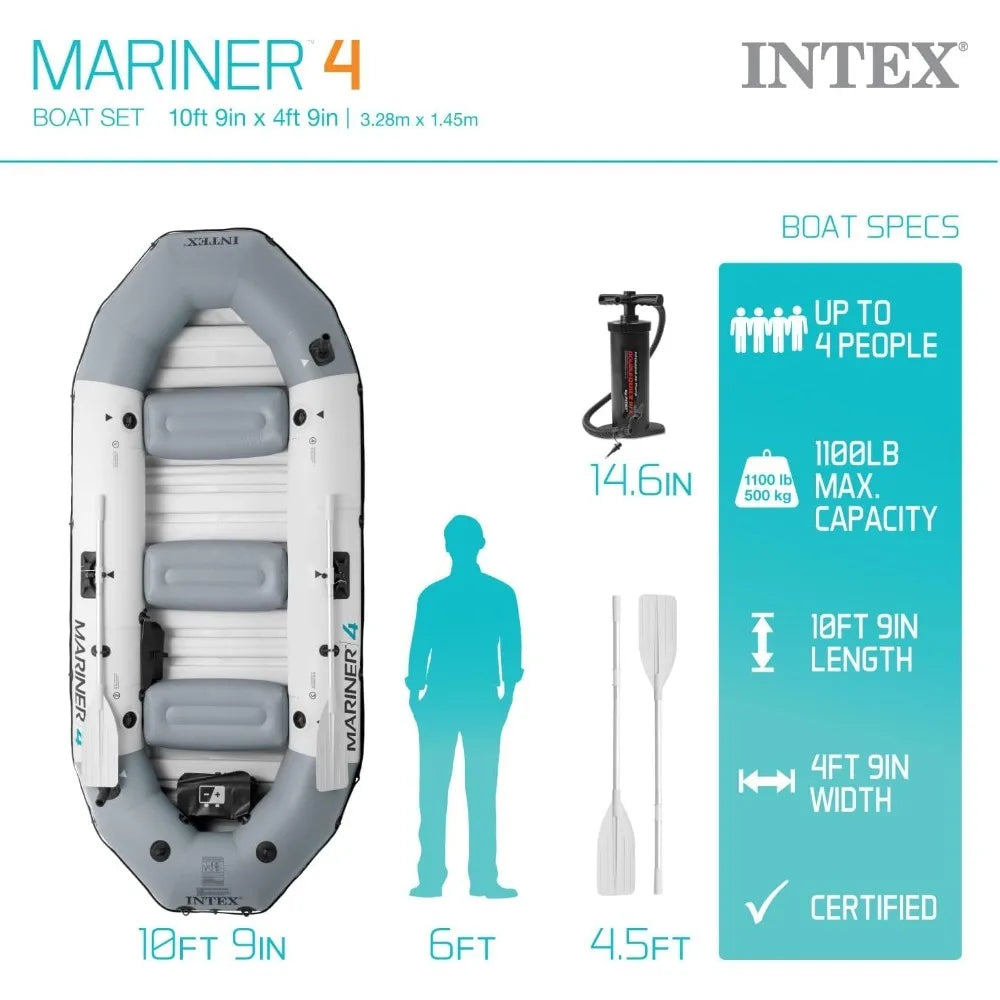 4-Person Inflatable Boat Set – Includes Aluminum Oars & High Output Air Pump for Fishing and Boating in Rivers & Lakes