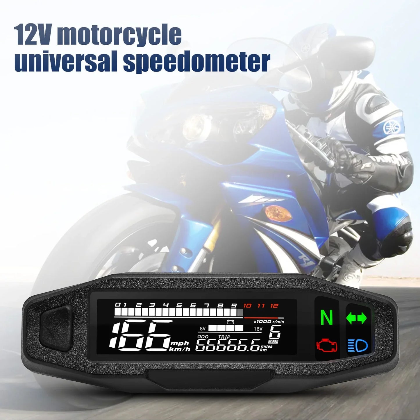 AD Universal Motorcycle Digital Speedometer – LED Tachometer Dashboard Instrument Panel with LCD Display & Y Bracket