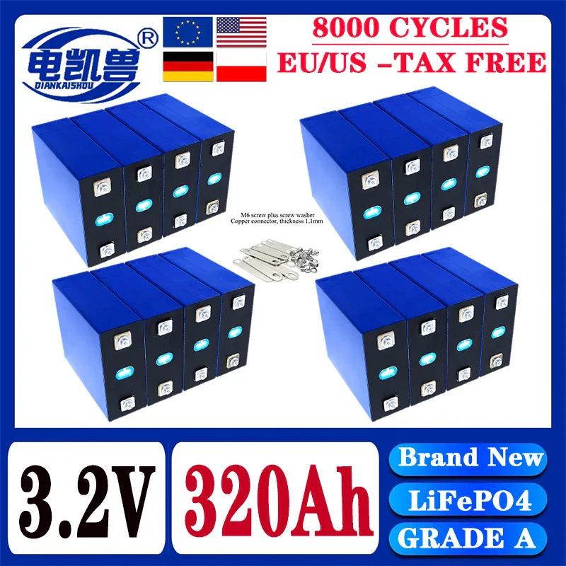 320Ah LiFePO4 3.2V Rechargeable Battery — 8000 Cycles for DIY 12V/24V/48V Caravan, Marine & Solar Energy Systems
