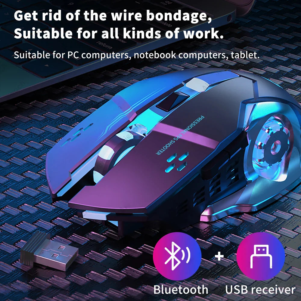 Rechargeable Wireless Gaming Mouse – Silent Bluetooth, USB, Mechanical E-Sports Backlight for PC Gamer