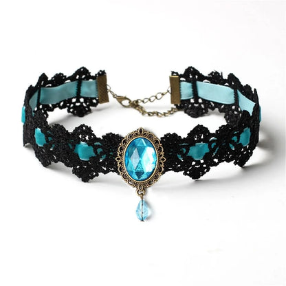 Vintage 925 Silver Gemstone Lace Pendant Necklace & Velvet Chain Choker with Matching Earrings – Elegant Fashion Jewelry Gift