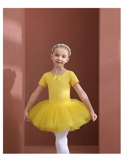 Girls Ballet Tutu Dress — Kids Short & Long Sleeve Tulle Leotard with Bowknot for Dance, Gymnastics & Party