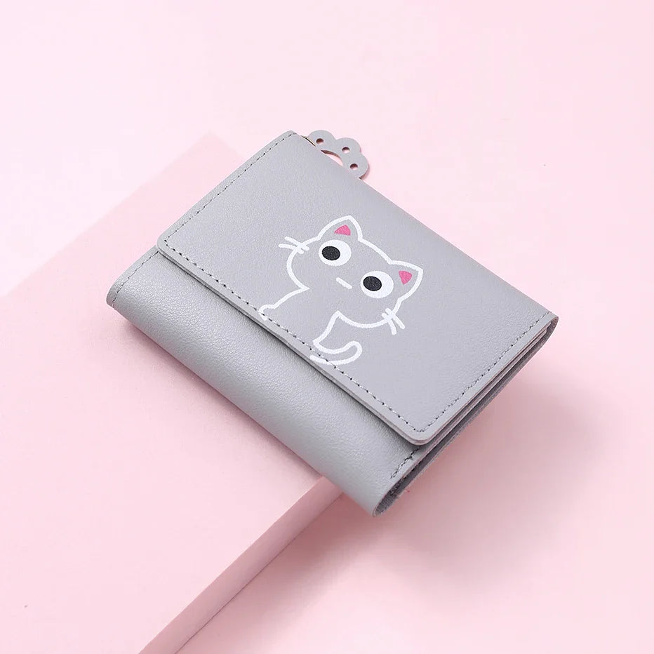 Women’s Cute Cat PU Leather Wallet — Small Short Card Holder Purse with Hasp, Fashion Money Bag for Girls & Gifts
