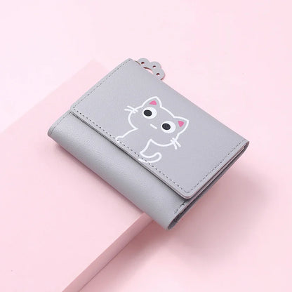 Women’s Cute Cat PU Leather Wallet — Small Short Card Holder Purse with Hasp, Fashion Money Bag for Girls & Gifts