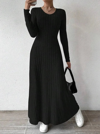 Knitted Long Sleeve A-Line Dress - Women's Slim Fit Solid Color Streetwear Maxi Dress with Elegant Silhouette