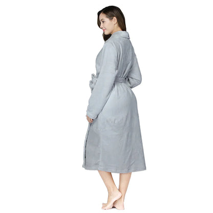 RONGTAI Women's Solid Color Lapel Bathrobe - Warm, Comfortable Long-Sleeved Robe for Autumn and Winter Homewear