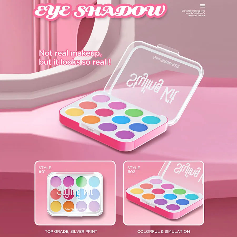 Pretend Makeup Playset, 10 Piece Non-Toxic Toy Cosmetics Set with Eyeshadow Palette, Lipstick, and Applicators (Not Real Makeup)