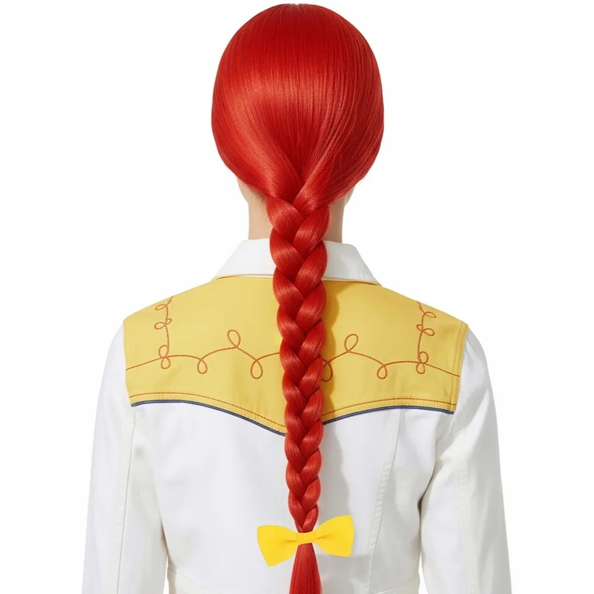 Red Long Straight Wig with Braided Ponytail - Yellow Bow Synthetic Cosplay Hair