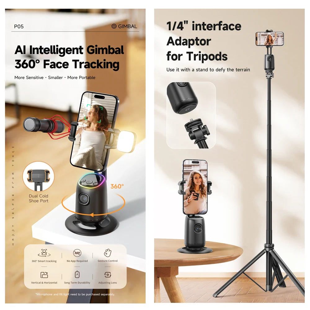 AI Smart 360° Gimbal with Auto Face Tracking – All-in-One Phone Holder & Video Stabilizer Tripod