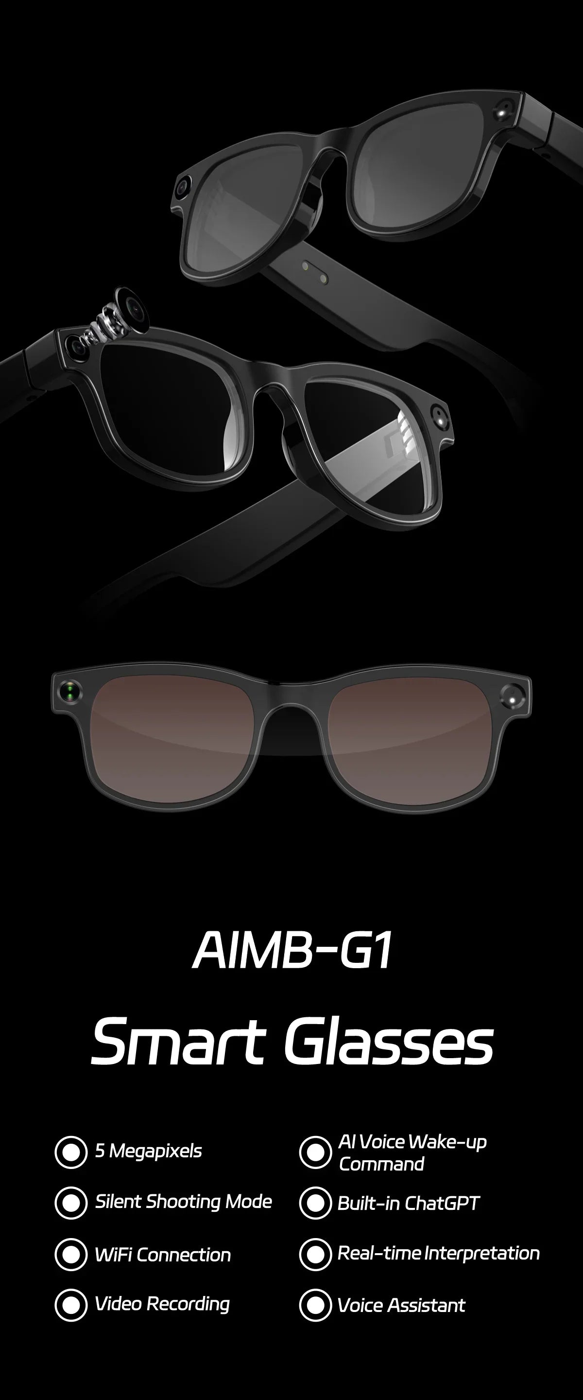 500W AI Smart Camera Sunglasses 3-in-1 Lens HD1080P ChatGPT Voice Control WiFi Bluetooth Intelligent Glasses