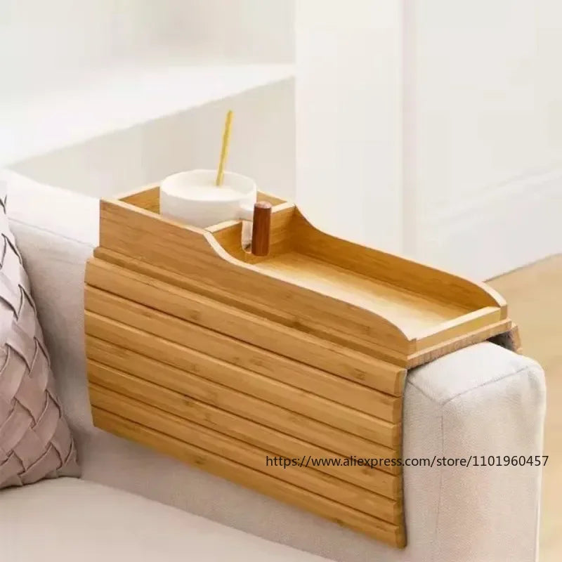 Foldable Bamboo Couch Cup Holder – Anti-Slip Multifunctional Sofa Armrest Tray for Cups & Remote Control