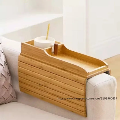 Foldable Bamboo Couch Cup Holder – Anti-Slip Multifunctional Sofa Armrest Tray for Cups & Remote Control