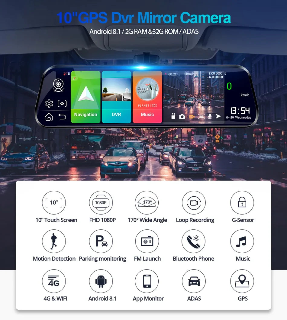 E-ACE 10'' 4G Android Dash Cam – FHD 1080P Dual Lens Rearview Mirror DVR with ADAS & Streaming