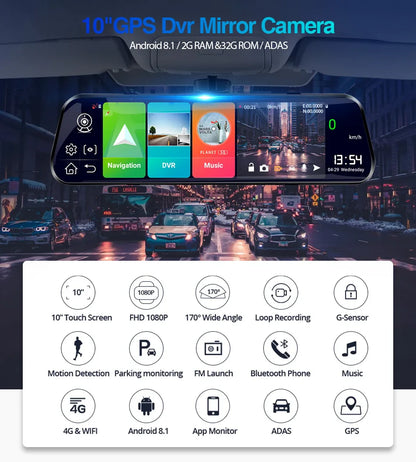 E-ACE 10'' 4G Android Dash Cam – FHD 1080P Dual Lens Rearview Mirror DVR with ADAS & Streaming