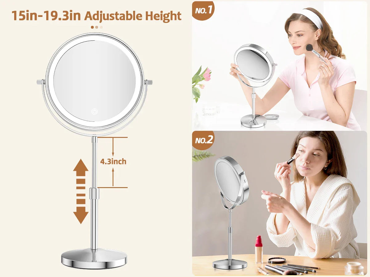 8-Inch Makeup Mirror with Light – 10X Magnification, 3 Color LED, Adjustable Brightness & Height Standing Cosmetic Mirror
