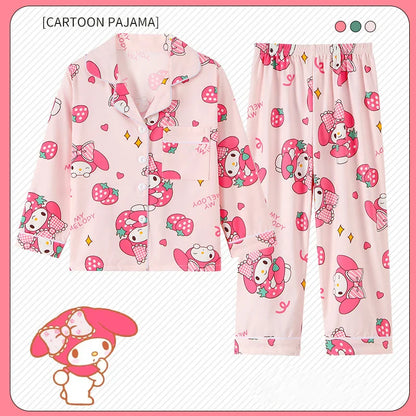 2pcs Kid's Cinnamoroll Pajamas Set - Long Sleeve Top & Pants, Kuromi Sanrio Print Loungewear for Girls