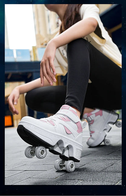 Women's High-Top 4-Wheel Roller Shoes – Fashionable Unisex Pop-Up Sneakers with Wheels, Dual-Purpose Skating & Casual Shoes