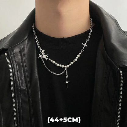 Hip Hop Zircon Star Double Layer Necklace - Titanium Steel Pendant Chain for Men & Women, Unisex Trendy Jewelry