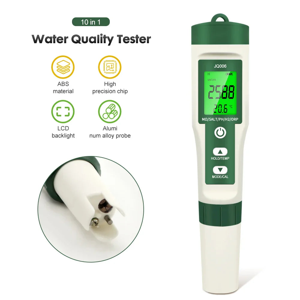 10-in-1 Digital Water Quality Tester — pH/EC/TDS/ORP/H₂/Fertility/Salinity/SG/Resistivity/Temp Meter for Aquariums, Pools & Hydroponics
