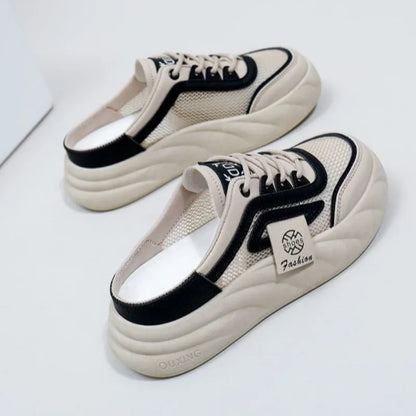 Women’s Mesh Half-Back Shoes 2024 – Thick-Soled, Round Toe Casual Sneakers, Spring Fashion Niche Footwear