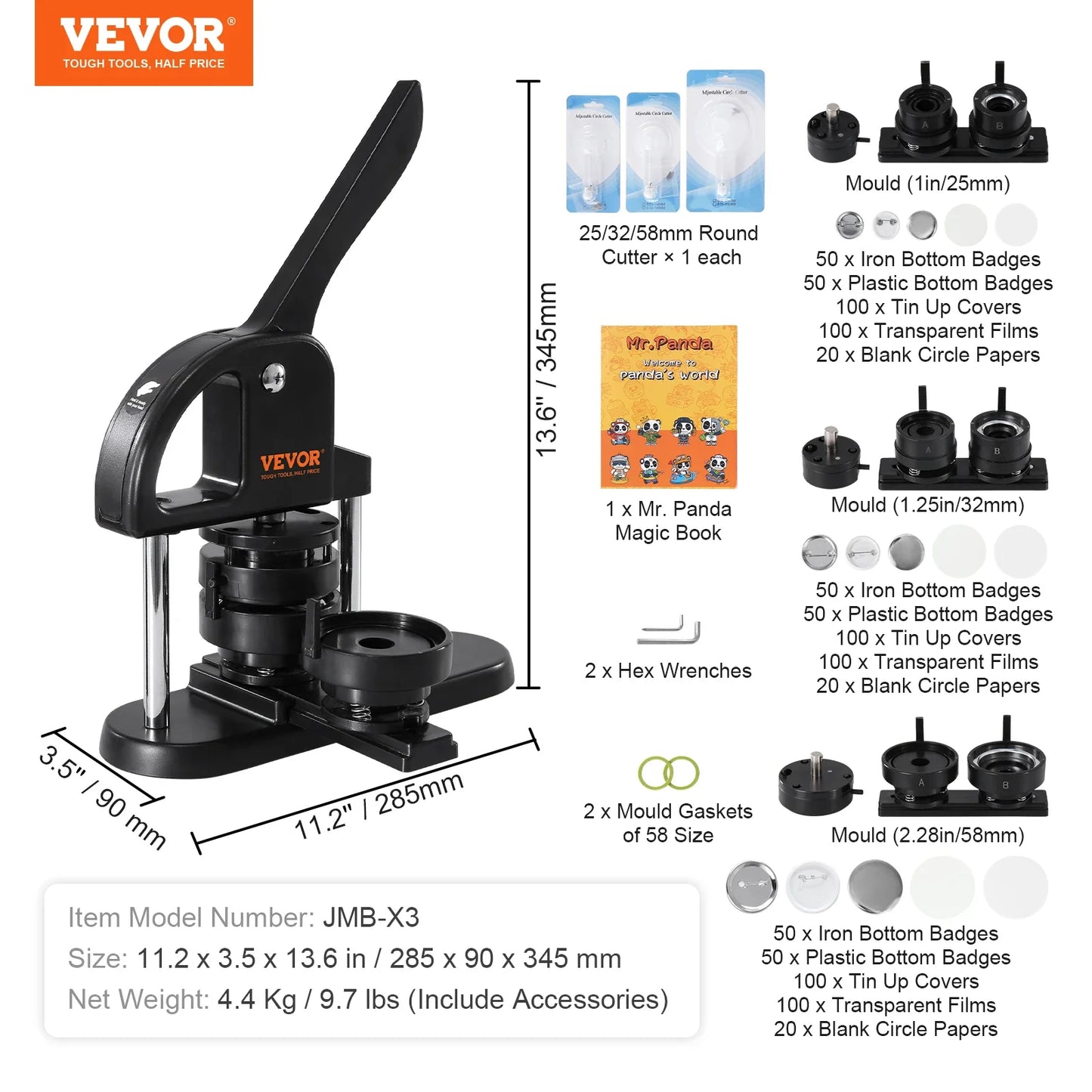 VEVOR Button Maker Machine — 25/32/58mm Pin Maker with Parts, Ergonomic Arc Handle Punch Press Kit