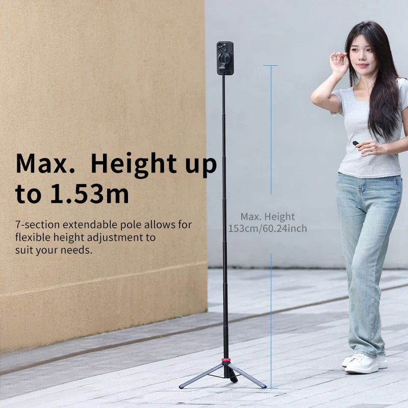 Ulanzi MT-84 Selfie Stick Magnetic Tripod - 1.53M, Wireless Bluetooth Remote, Phone Extension for Live Streaming & Vlogs