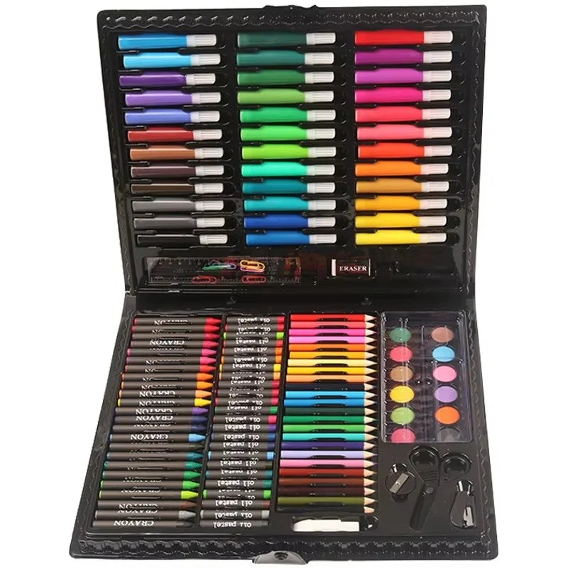 150PCS Children's Art Brush Set – Painting Stationery Kit with Oil Paint, Watercolor Pens, Crayons & Pencils in Gift Box