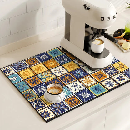 Retro Coffee Maker & Dish Drying Mat – Non-Slip, Quick-Dry Kitchen Placemat for Tableware, Washable