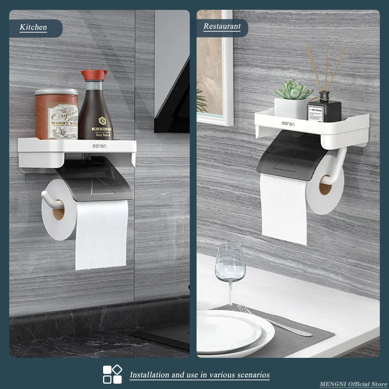 MENGNI Wall Mount Toilet Paper Holder - Waterproof Plastic Roll Paper Storage Rack for Bathroom Tissue - Organizer Shelves