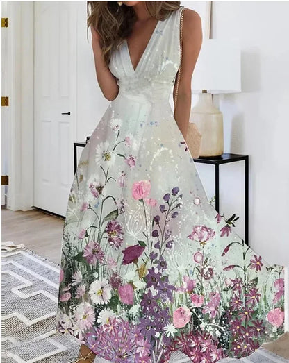 Women's Summer V Neck Maxi Dress - Sleeveless High Waist Elegant Print Dress for Office & Holiday Wear